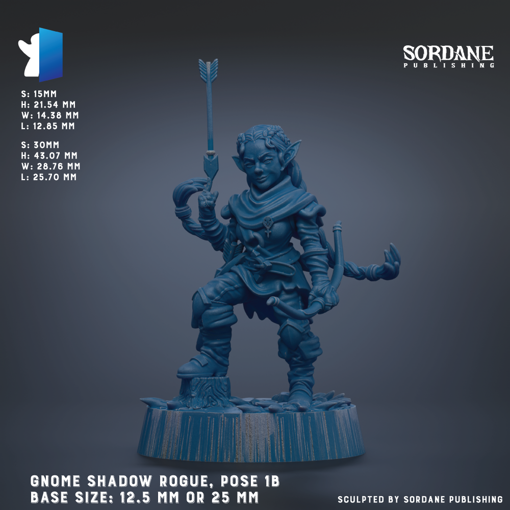 a detailed 3D rendering of a gnome-like character, with intricate details and a realistic pose. The character is holding a bow and arrow, and the base size of the figure is 12.5 mm or 25 mm. The image is published by Sordane Publishing.