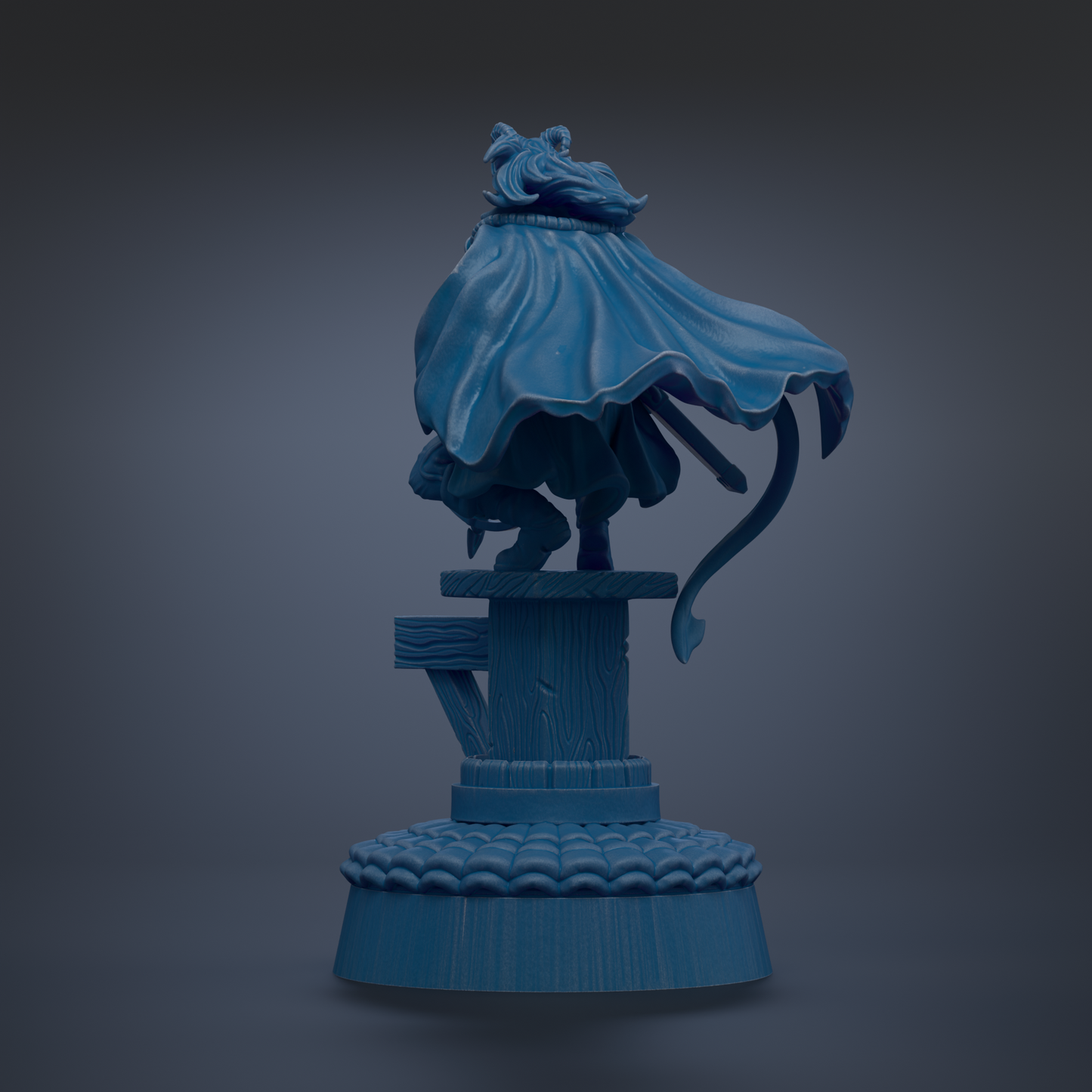 A 3D rendering of a blue statue of a figure with a flowing cape, standing on a pedestal.