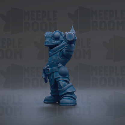 A blue figurine of a frog-like creature with a pointed hat and a sword, standing in a dark background with repeated text.