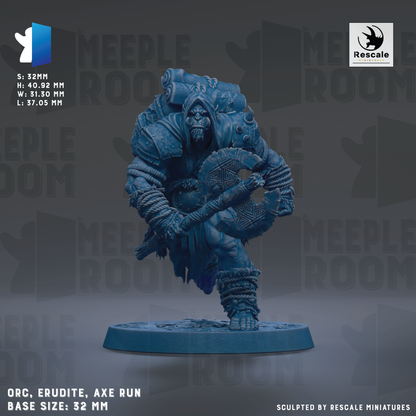 The image is a detailed 3D model of a warrior figure, specifically an orc, wearing a helmet and carrying a large weapon. The base size of the figure is 32mm.