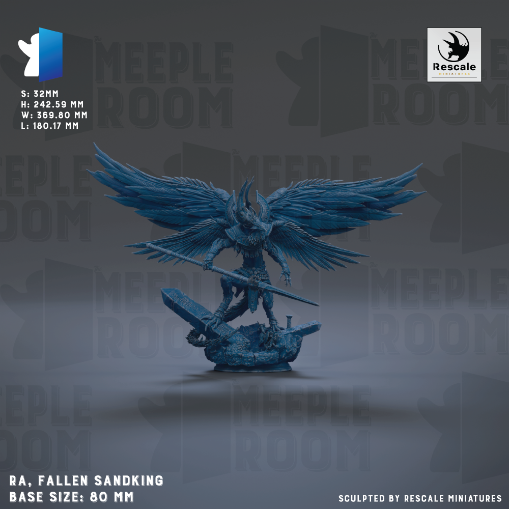 a fallen sandking base size: 80 mm, with wings and a sword, set against a dark background with repeated text.