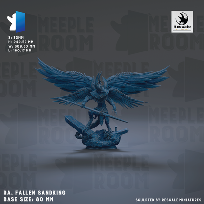 a fallen sandking base size: 80 mm, with wings and a sword, set against a dark background with repeated text.