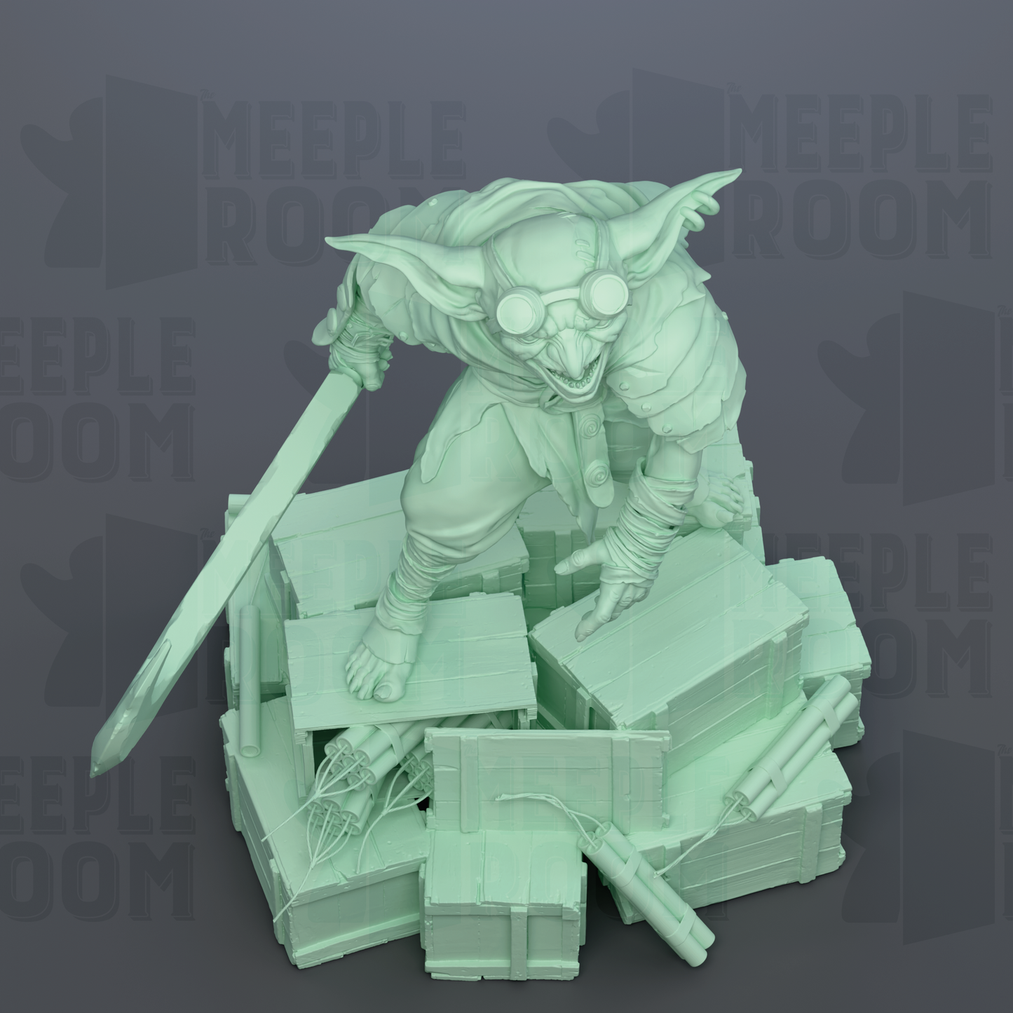 A 3D rendering of a green-colored, fantastical creature with horns and a long, curved weapon, standing on a pile of crates and boxes.