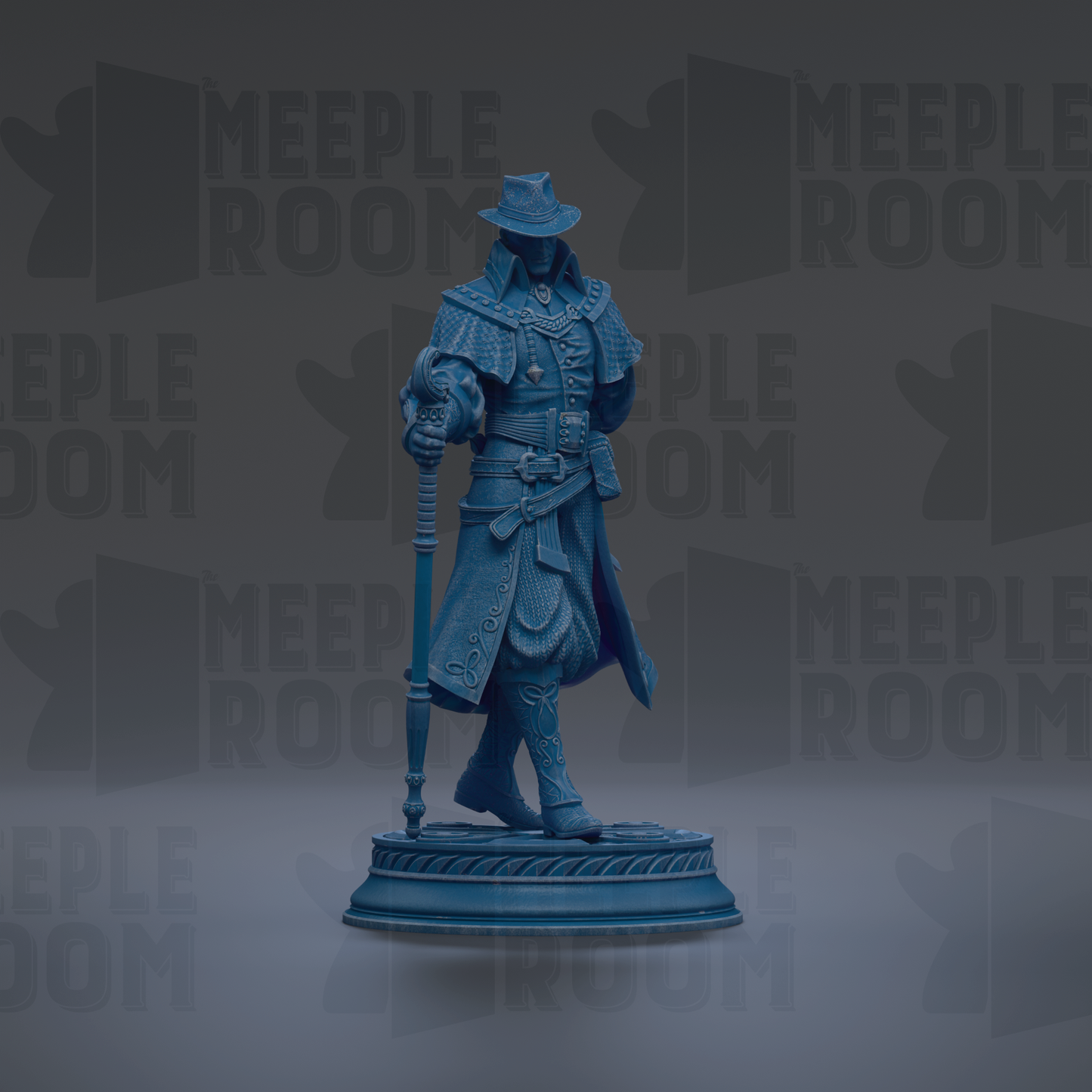 A blue statue of a person wearing a hat and holding a staff, standing on a pedestal against a dark background with repeated text.