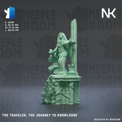 a statue of a woman with a long, flowing dress standing on a pedestal, holding a book. The statue is set against a dark background with the text "MEIPLE ROOM" repeated multiple times. The image is described as a "collage of multiple images" and "the journey to knowledge" without providing specific details about each individual image.