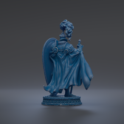 A blue statue of a figure with a flowing cape and a shield, standing on a base with a decorative design.