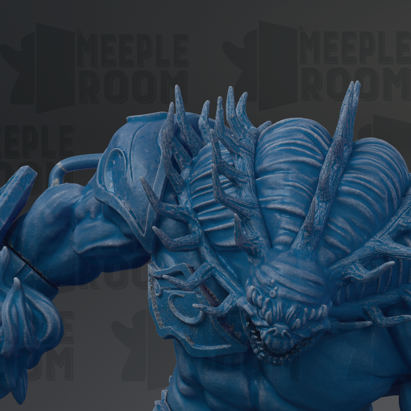 A close-up view of a blue, armored creature with sharp teeth and claws, resembling a mythical or fantastical creature.