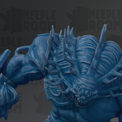 A close-up view of a blue, armored creature with sharp teeth and claws, resembling a mythical or fantastical creature.
