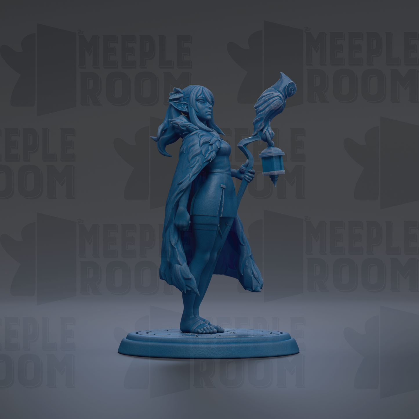 A blue figurine of a woman holding a lantern and a bird, standing on a platform against a dark background with repeated text.