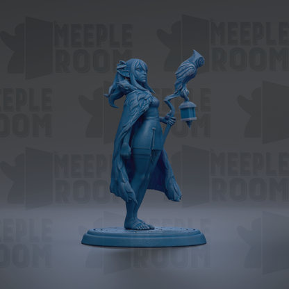 A blue figurine of a woman holding a lantern and a bird, standing on a platform against a dark background with repeated text.