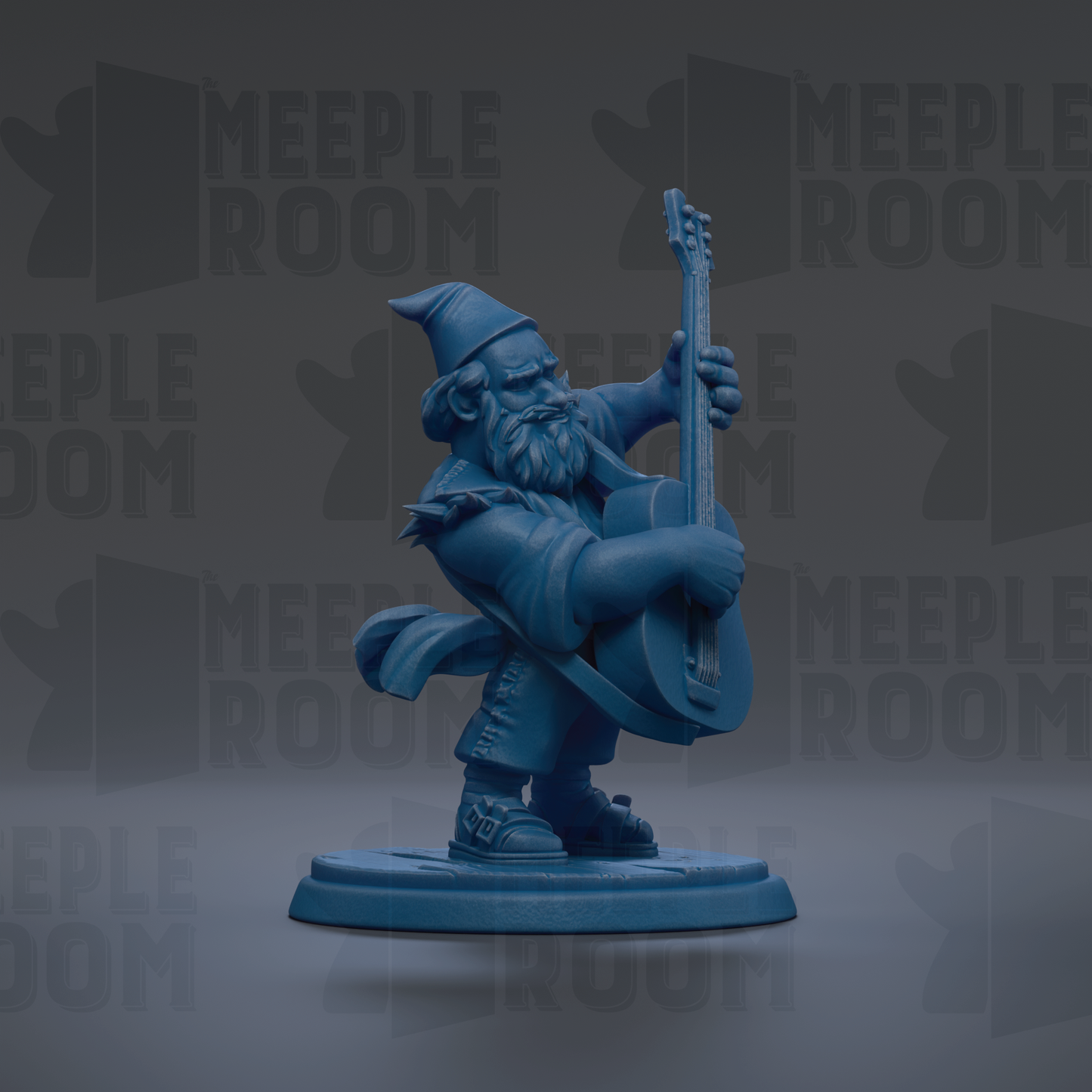 A blue figurine of a gnome playing a guitar is shown against a dark background with repeated text.