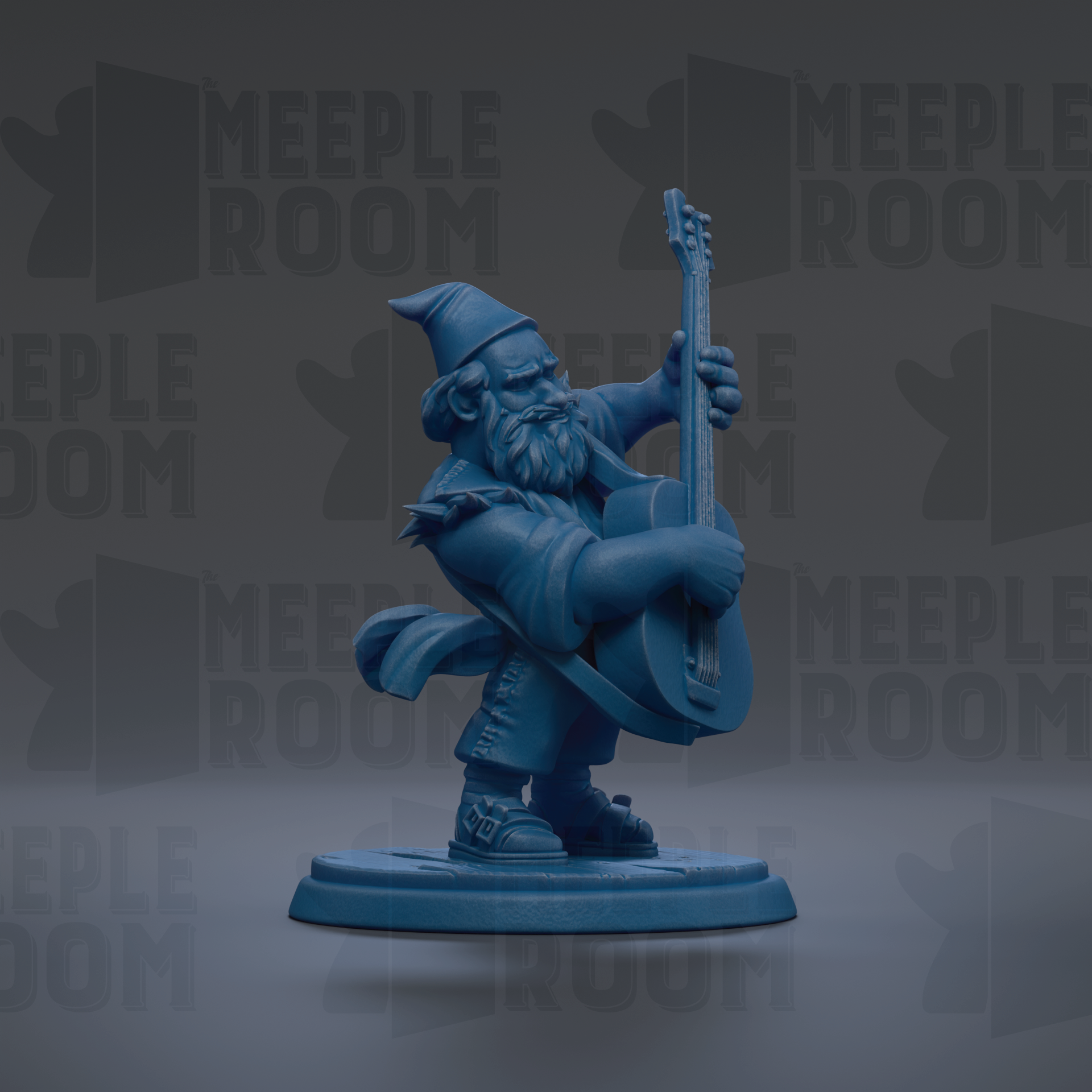 A blue figurine of a gnome playing a guitar is shown against a dark background with repeated text.