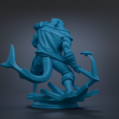 A blue 3D model of a character with a sword and a large anchor, standing on a platform.