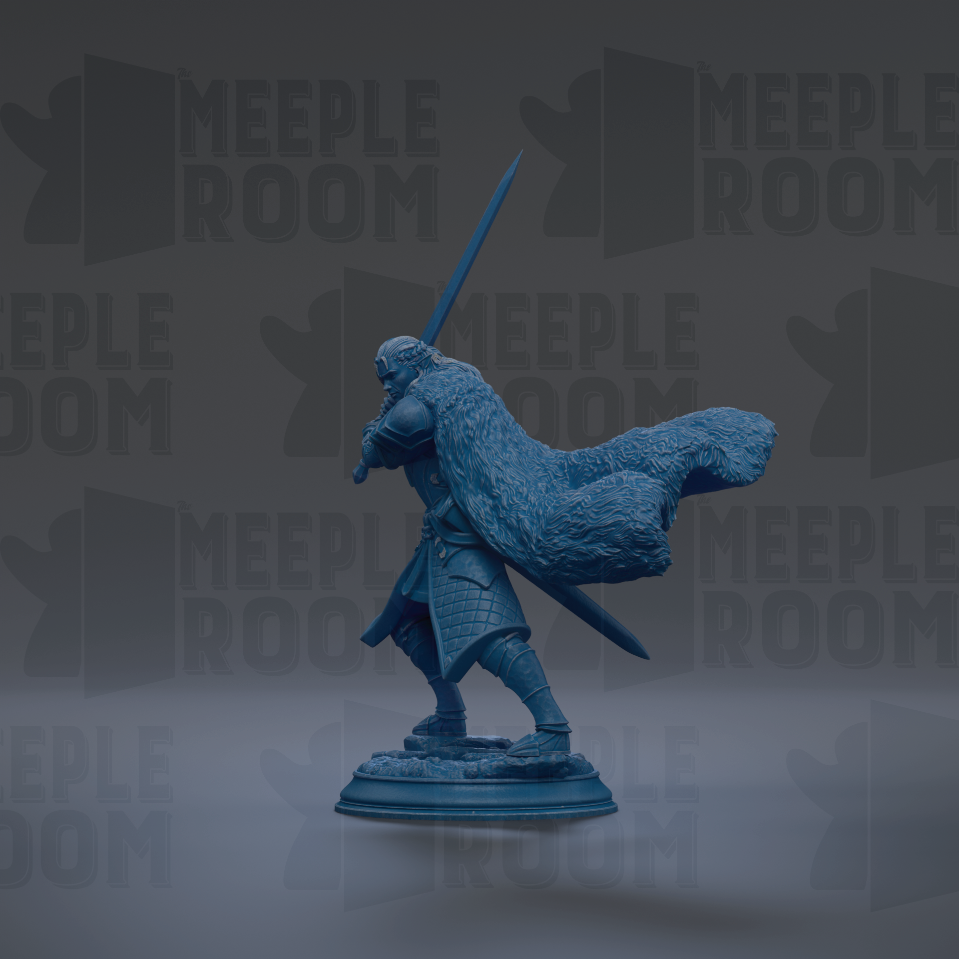 A blue statue of a warrior figure holding a sword and shield, standing on a pedestal against a dark background with repeated text.