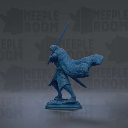 A blue statue of a warrior figure holding a sword and shield, standing on a pedestal against a dark background with repeated text.