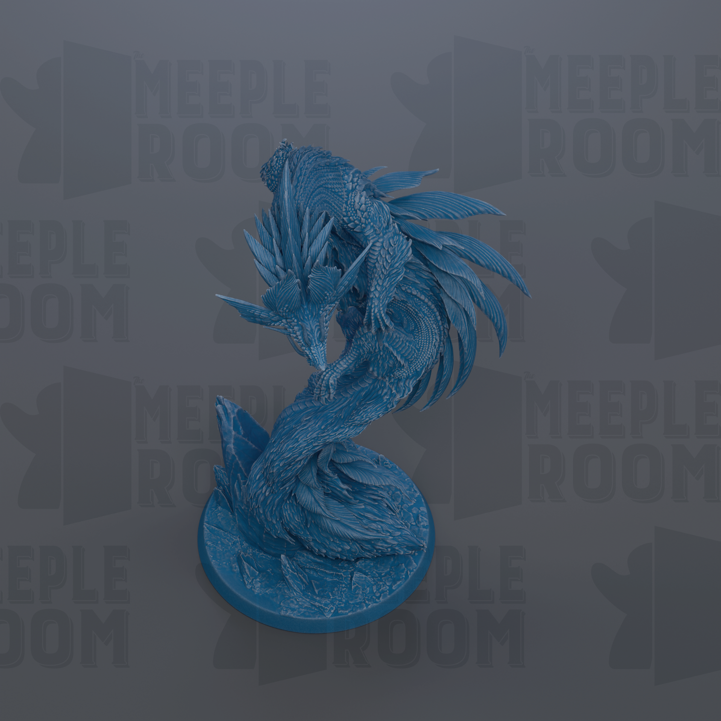 A blue, fantastical creature resembling a dragon or serpent is depicted in the image.