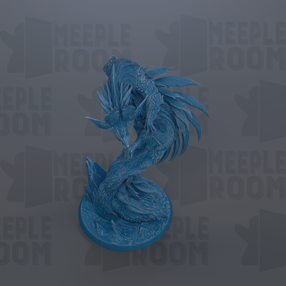 A blue, fantastical creature resembling a dragon or serpent is depicted in the image.