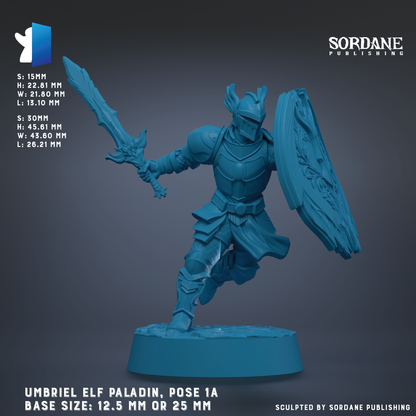 The image is a 3D rendering of an Umbriel Elf paladin, a fantasy character from the video game series of the same name. The paladin is depicted in a dynamic pose, holding a sword and shield, and is standing on a base. The image is in a blue color scheme, and the base size is either 12.5 mm or 25 mm. The image is published by Sordane Publishing.