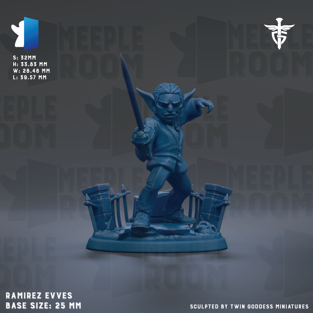 A blue figurine of a character with a sword, standing on a base and holding a shield, against a dark background with repeated text.