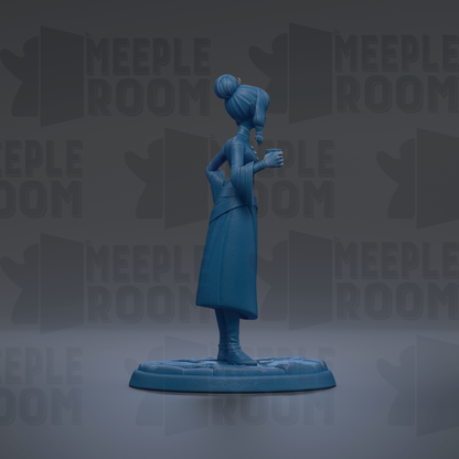 A blue figurine of a woman standing on a base, with the text "MEUPLE ROOM" repeated in the background.