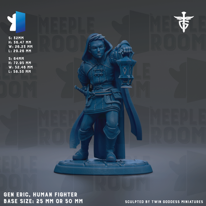 a figurine of a human fighter, specifically a Gen Eric, a character from the video game Meeple Room. The figurine is depicted in a dynamic pose, holding a lantern and a sword, and is shown in a blue color. The base size of the figurine is either 25mm or 50mm, depending on the perspective. The image is a part of a larger collection of images related to the video game Meeple Room, and it is described as a sculpted by Twin Goddess miniatures.