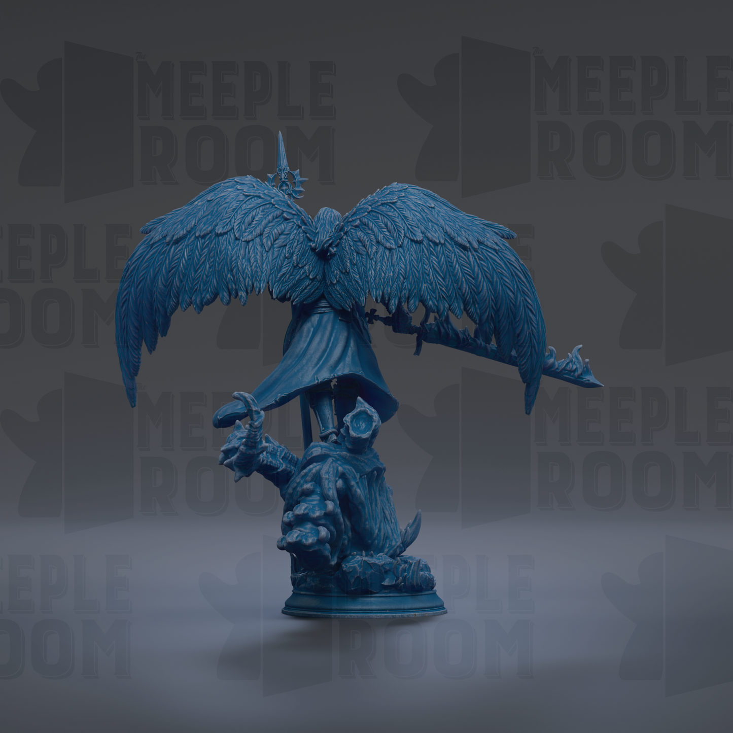 A blue statue of a winged figure with a sword, standing on a pedestal.