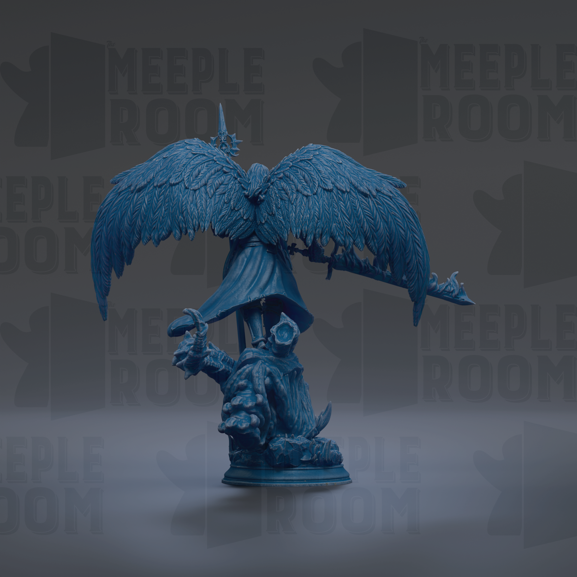 A blue statue of a winged figure with a sword, standing on a pedestal.