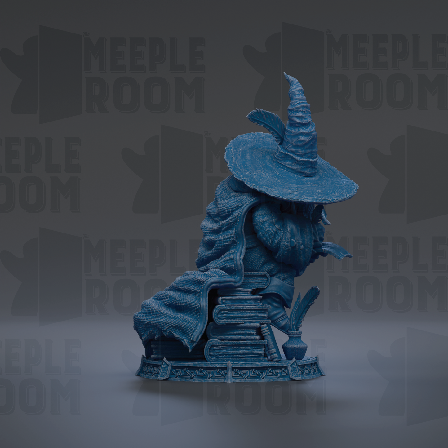 A blue statue of a wizard or magical figure sitting on a stack of books, with a pointed hat and a flowing robe.