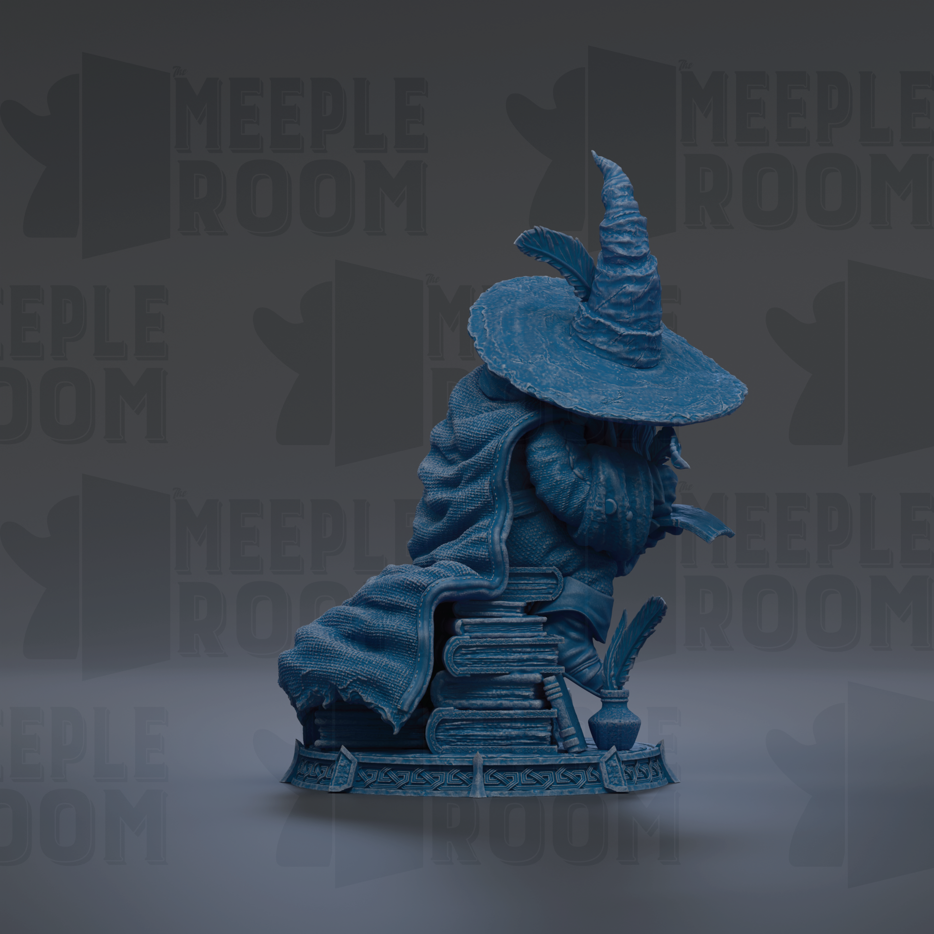 A blue statue of a wizard or magical figure sitting on a stack of books, with a pointed hat and a flowing robe.