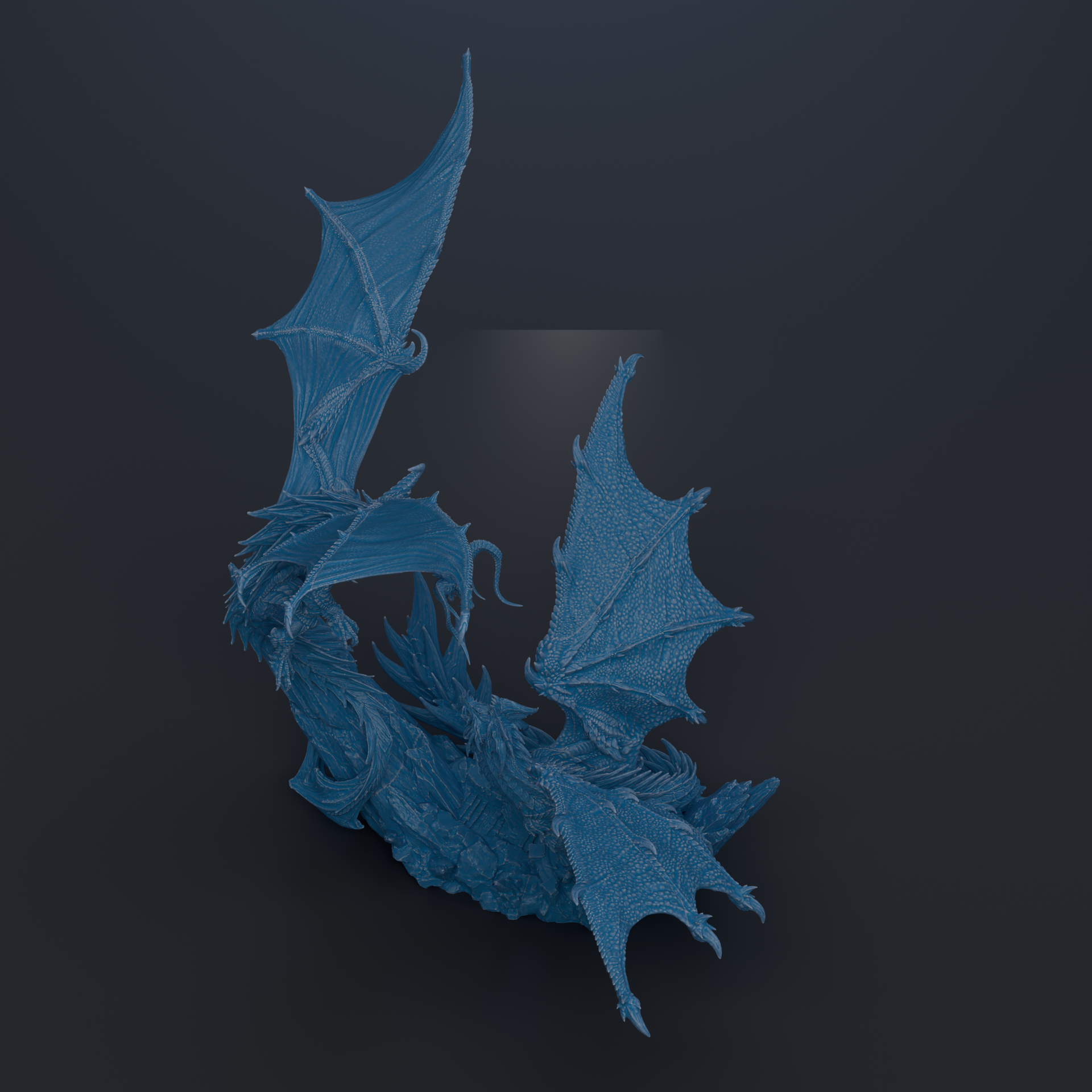 A blue dragon-like creature with intricate, detailed wings and a fierce expression is depicted against a dark background.