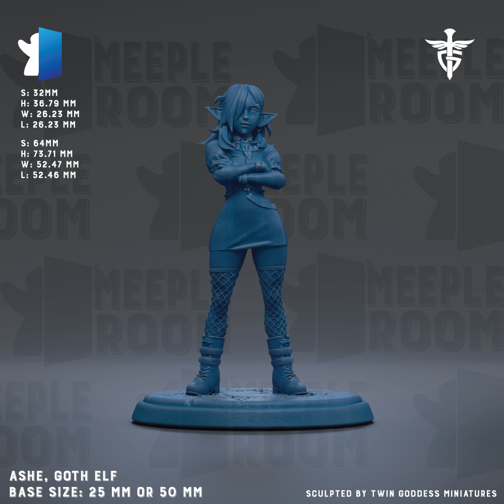 A blue figurine of a woman with long hair and a gothic-style outfit, standing with her arms crossed, is displayed on a base size of 25mm or 50mm.