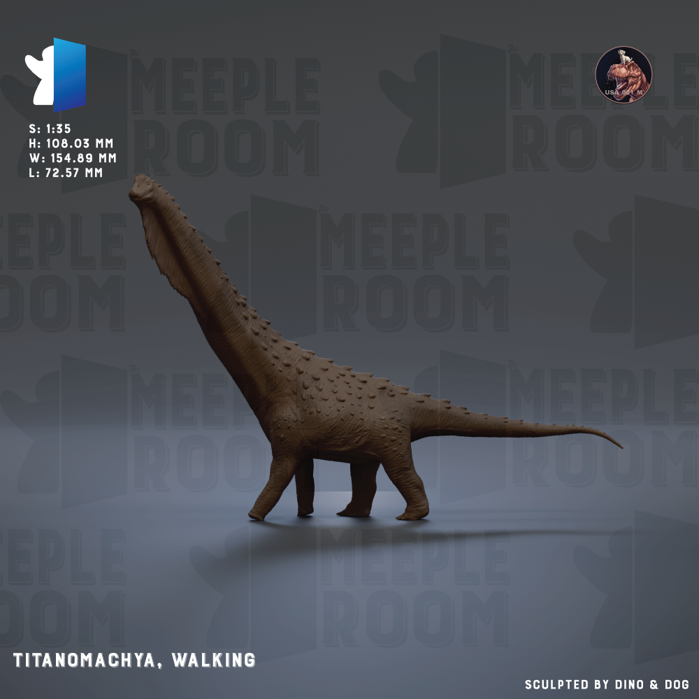 The image is a 3D rendering of a T-Rex dinosaur, specifically Titanosuchus, walking. The dinosaur is depicted in a realistic style, with a detailed texture and scale. The background of the image is a dark gray color, which contrasts with the dinosaur and makes it stand out. The image is a collage of multiple images, and it is described as a "sculpted by dinosaur & dog".