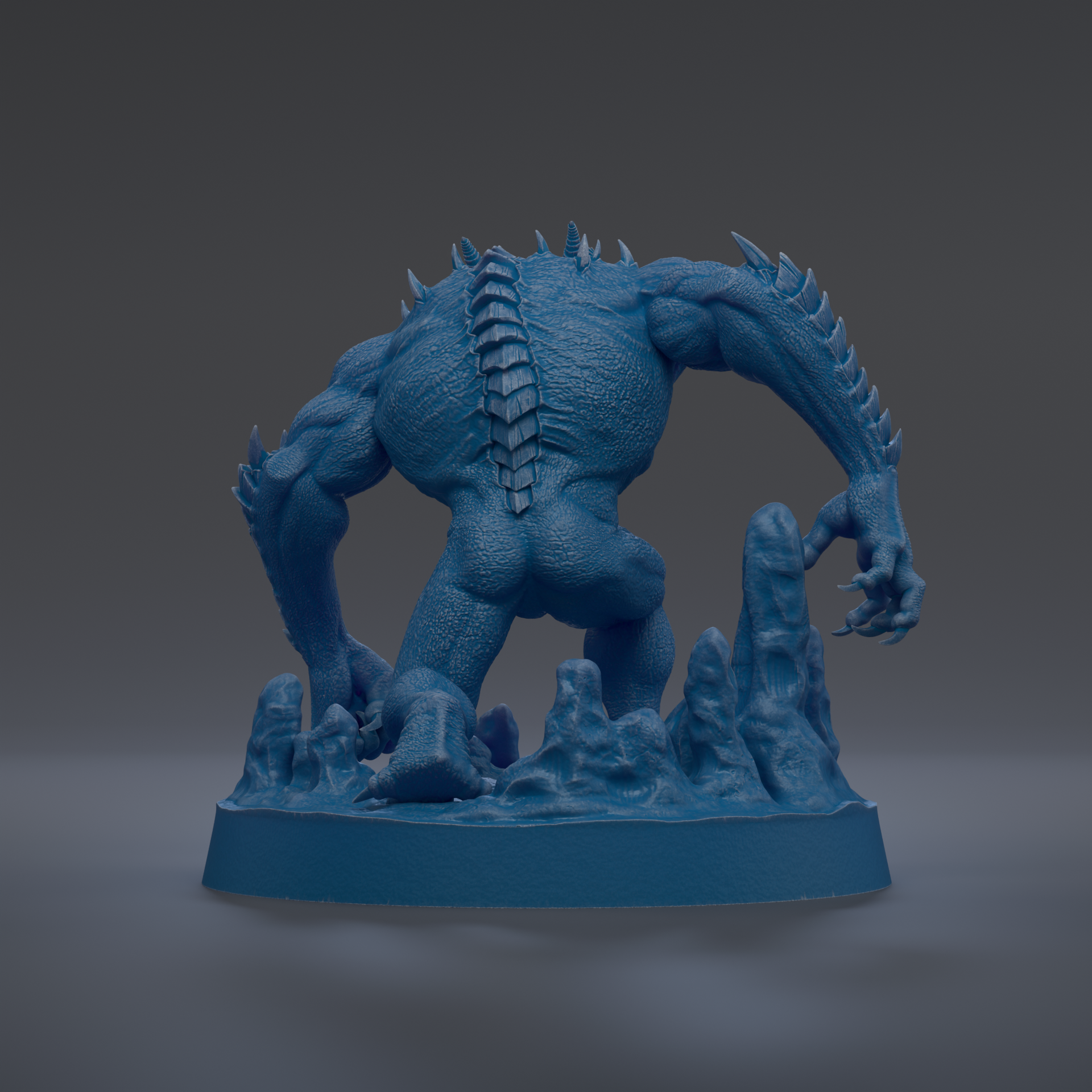 A 3D rendering of a blue, muscular creature with sharp teeth and claws, standing on a base with spikes protruding from it.