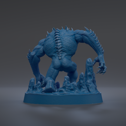 A 3D rendering of a blue, muscular creature with sharp teeth and claws, standing on a base with spikes protruding from it.