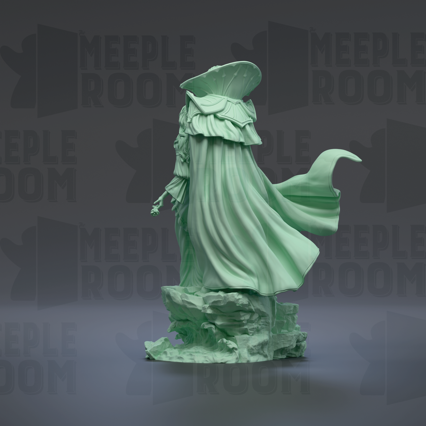 A green statue of a figure with flowing robes stands on a rock formation against a dark background with repeated text.