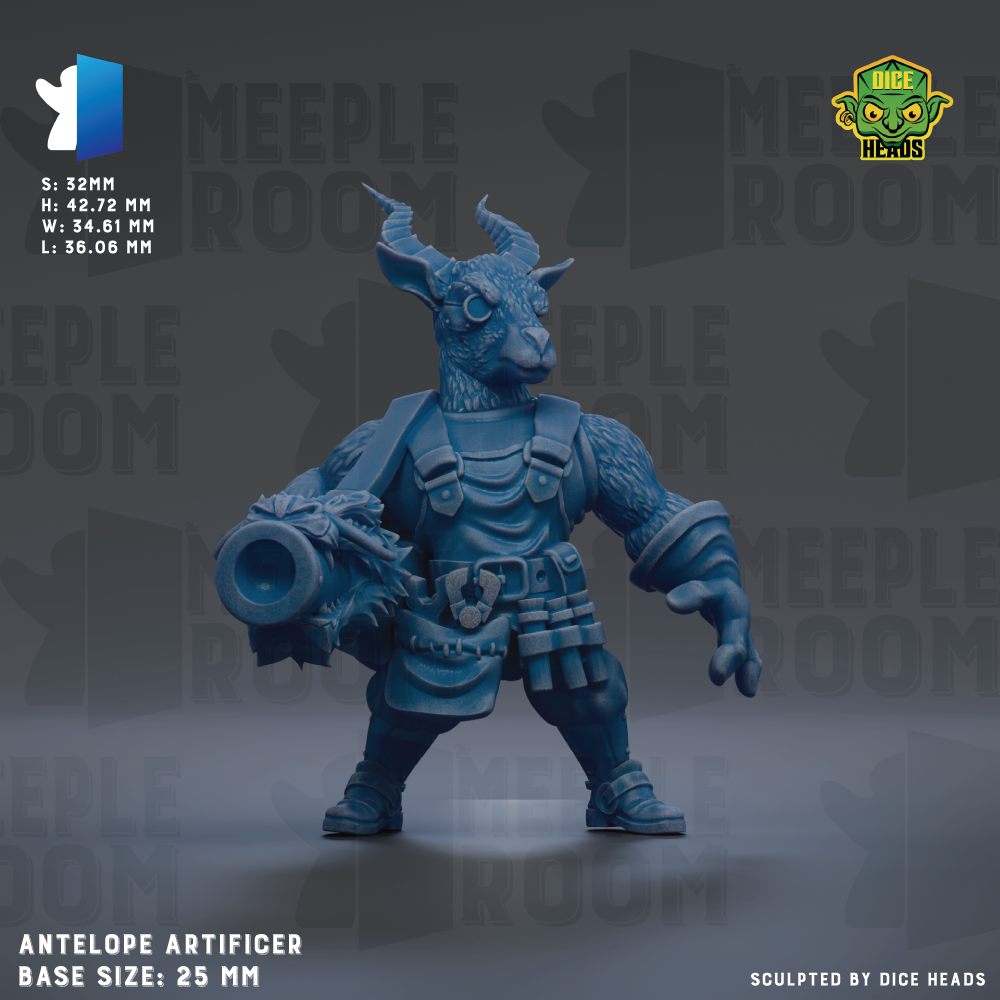 The image is a 3D rendering of a blue antelope figurine, which is an artificializer based on the "Meeple Heroes" game. The figurine is depicted in a dynamic pose, holding a weapon and standing on all fours. The base size of the figurine is 25mm.