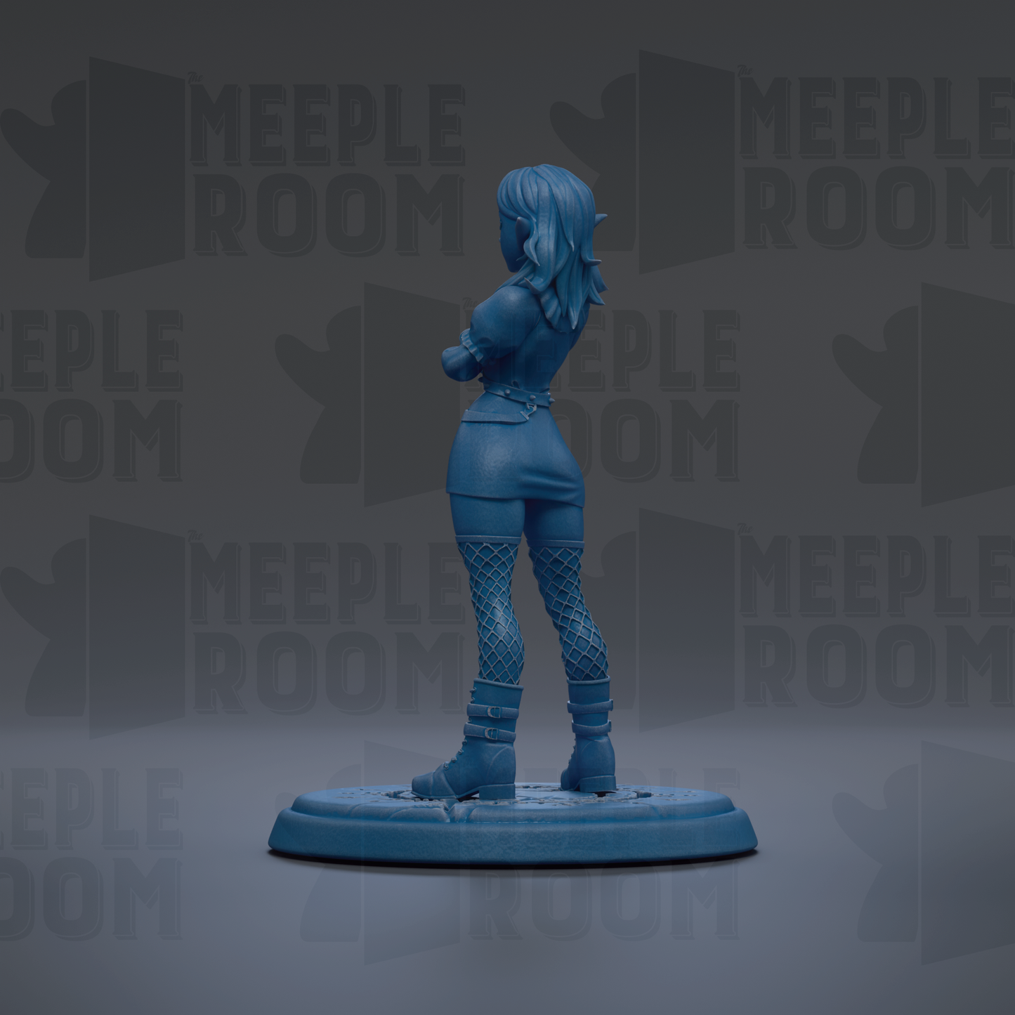 A blue figurine of a woman with long hair and a skirt stands on a platform against a dark background with repeated text.