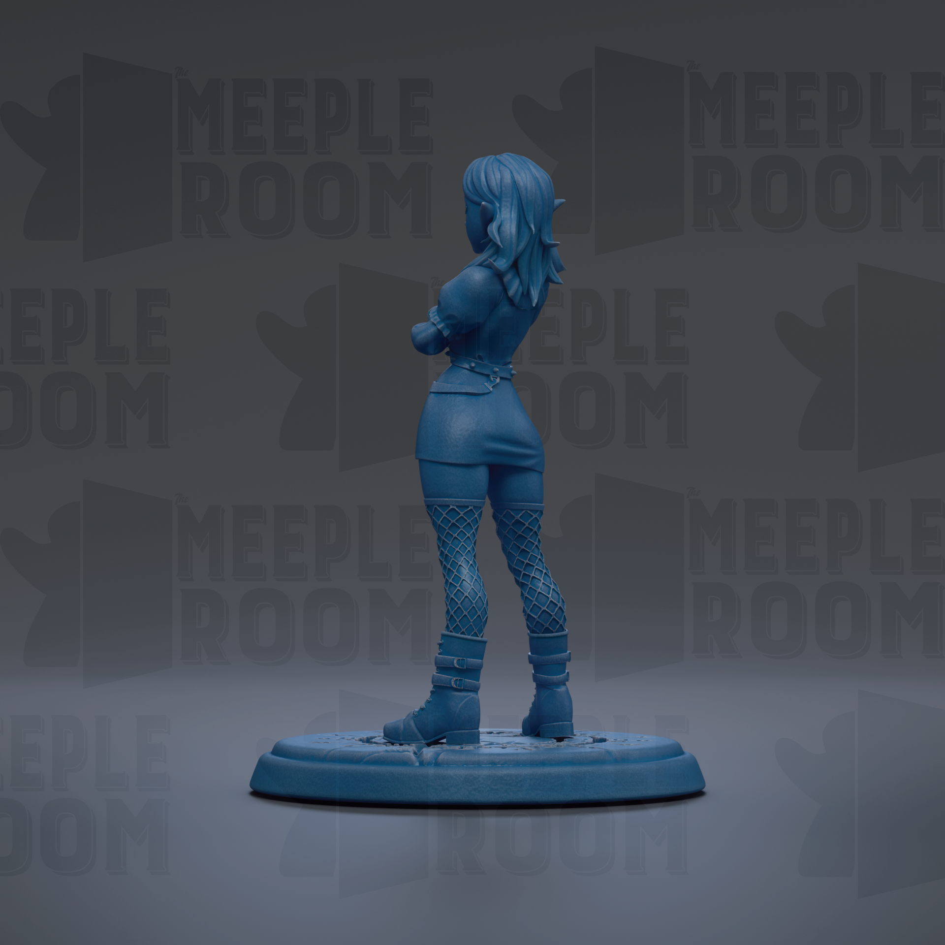 A blue figurine of a woman with long hair and a skirt stands on a platform against a dark background with repeated text.
