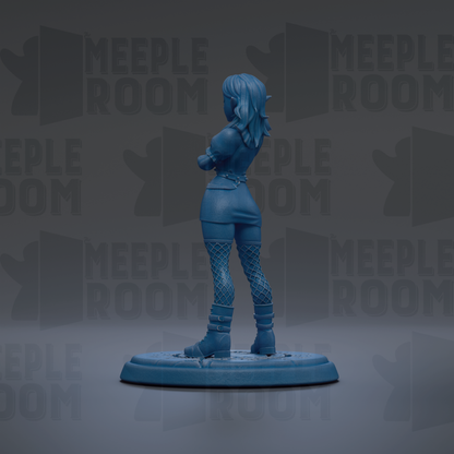 A blue figurine of a woman with long hair and a skirt stands on a platform against a dark background with repeated text.
