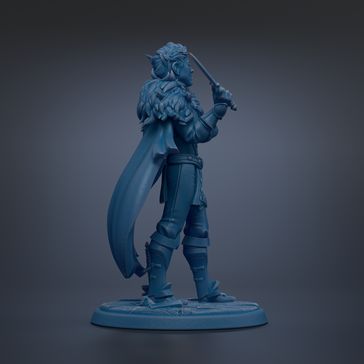 A blue figurine of a warrior standing on a base, holding a sword in one hand and a shield in the other.