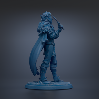 A blue figurine of a warrior standing on a base, holding a sword in one hand and a shield in the other.