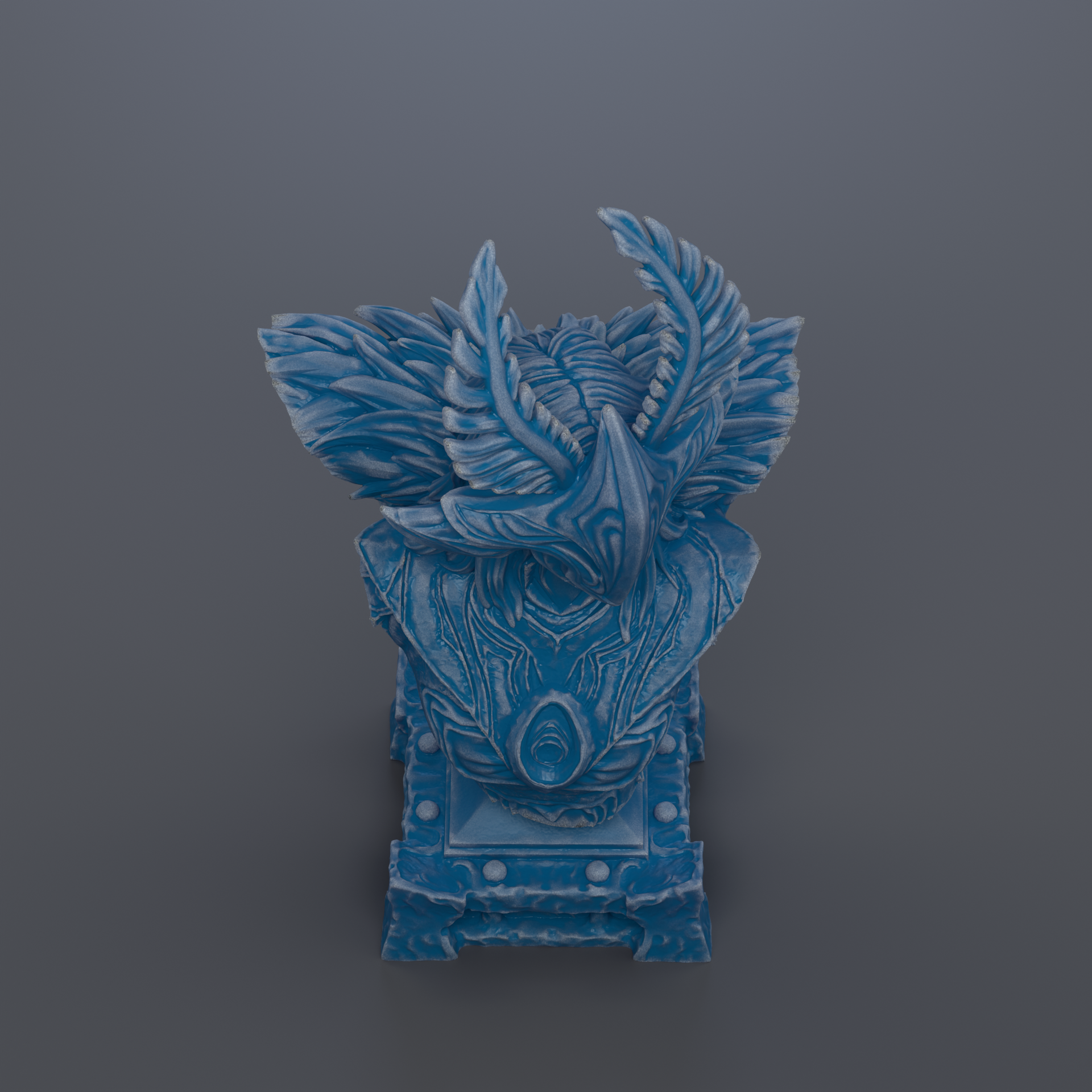 A blue, intricate sculpture with a detailed, ornate design.