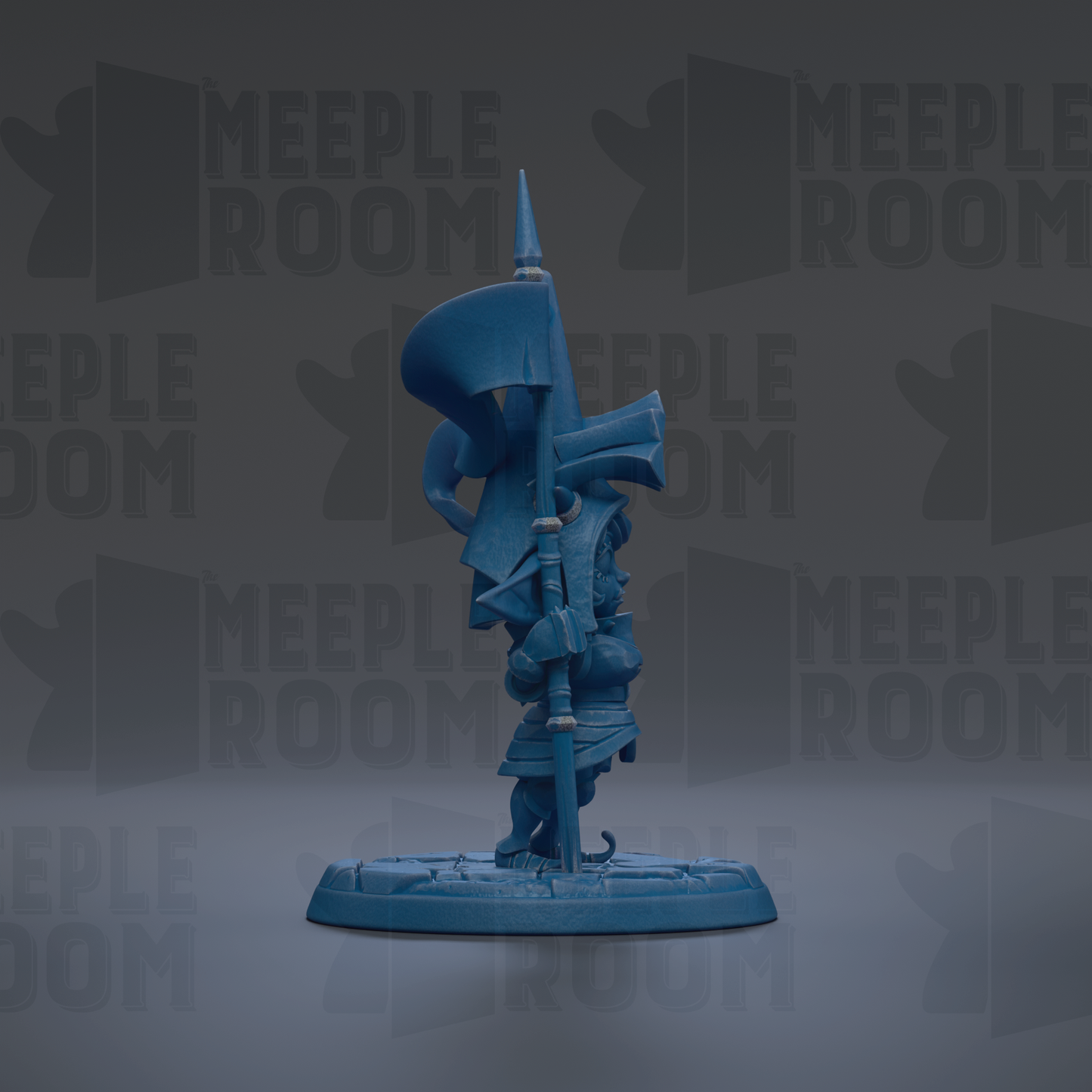a blue, abstract sculpture with a pointed top and a curved shape, standing on a base.