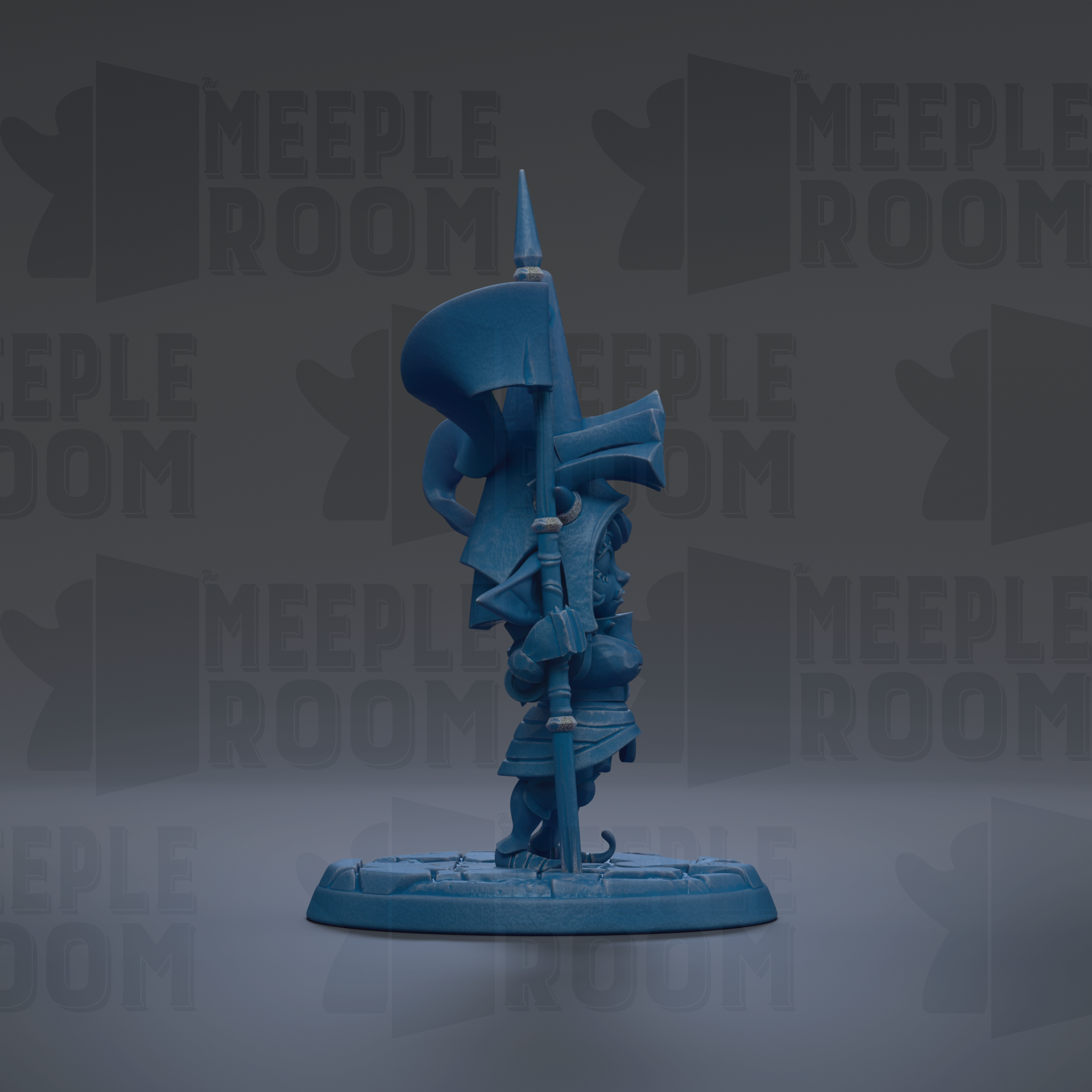 a blue, abstract sculpture with a pointed top and a curved shape, standing on a base.