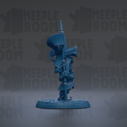 a blue, abstract sculpture with a pointed top and a curved shape, standing on a base.