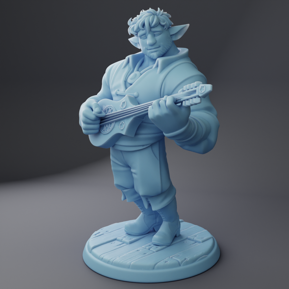 A 3D model of a character playing a guitar, depicted in a light blue color.
