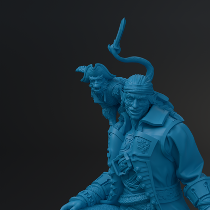 A blue statue of a pirate-like character with a sword and a monkey-like creature on its back, set against a dark background.