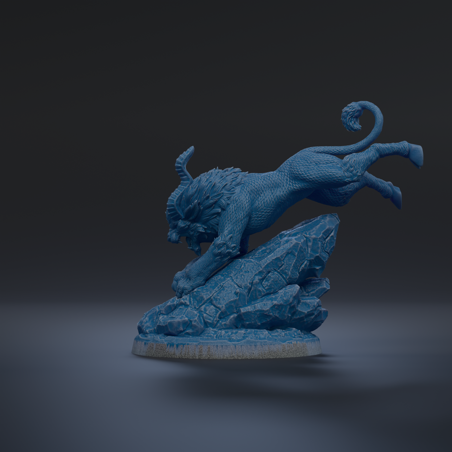 A blue, 3D-rendered statue of a lion-like creature with horns and a tail, standing on a rock formation against a dark background.
