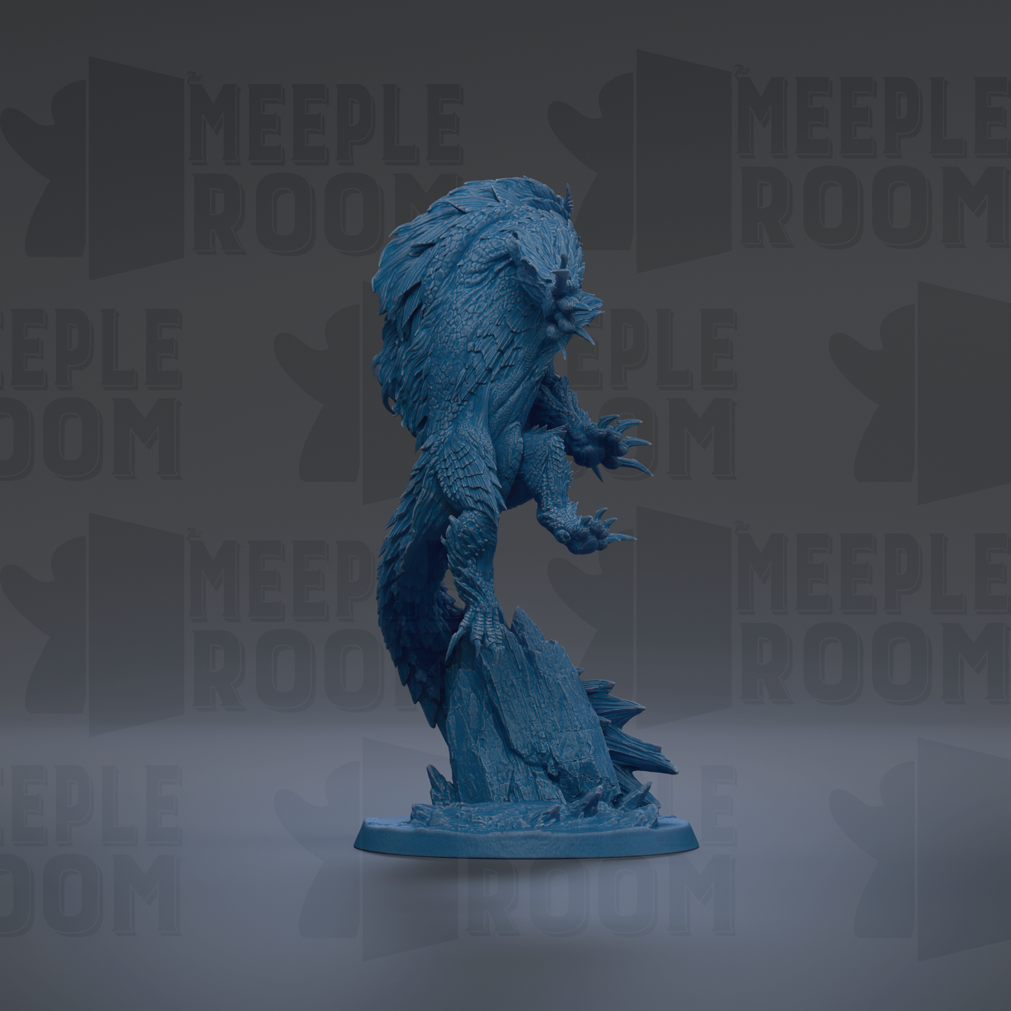 A blue, 3D-rendered fantasy creature resembling a wolf or werewolf, standing on a rock and facing to the right.