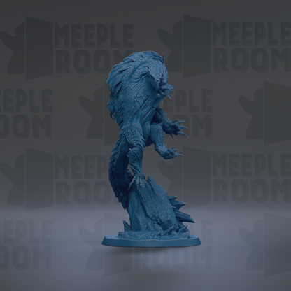 A blue, 3D-rendered fantasy creature resembling a wolf or werewolf, standing on a rock and facing to the right.